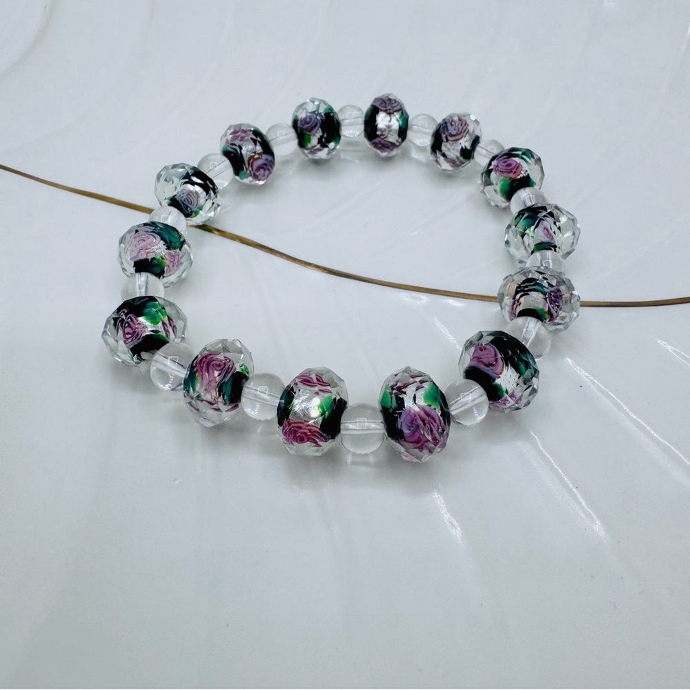 Floral Glass Bead Stretch Bracelet - Purple Pink Rose